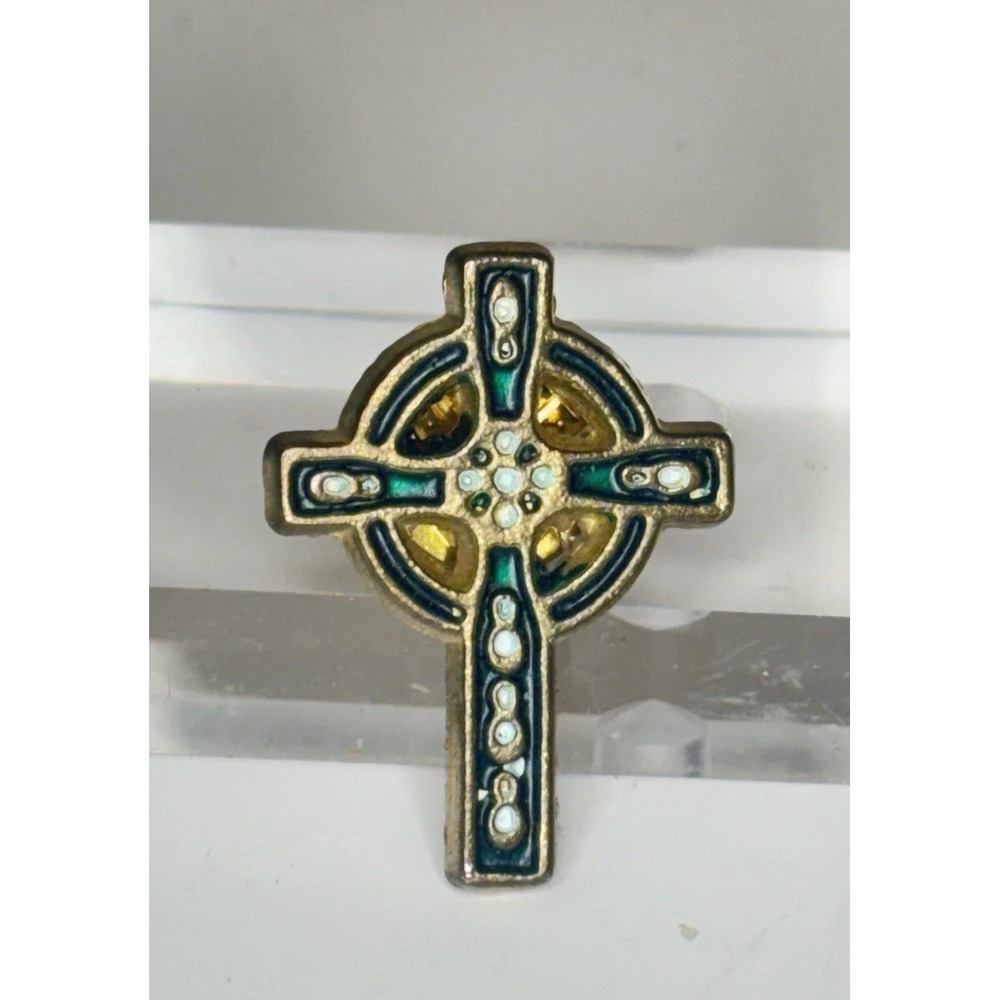 Vintage Religious Cross Lapel Pin 7/8" x 1-1/4" Gold Tone Green White